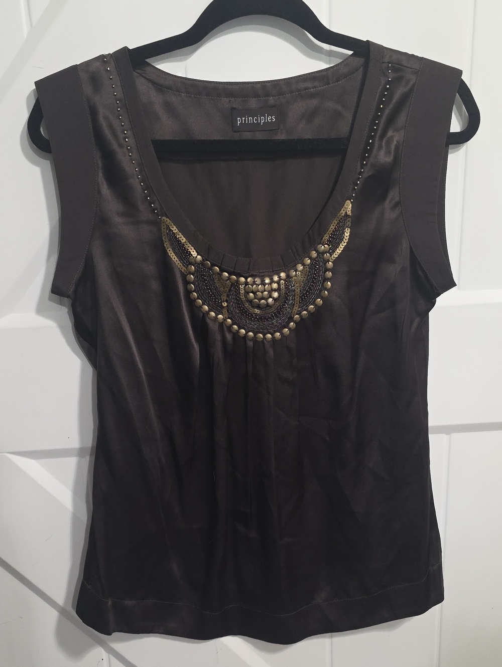 Brown 100% Silk Women's Sleeveless Embellished Top By PRINCIPLES